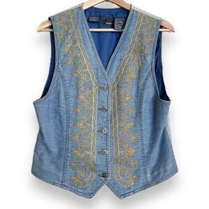 Vintage Liz Wear Gold Embroidered Denim Western Vest Women's Size M